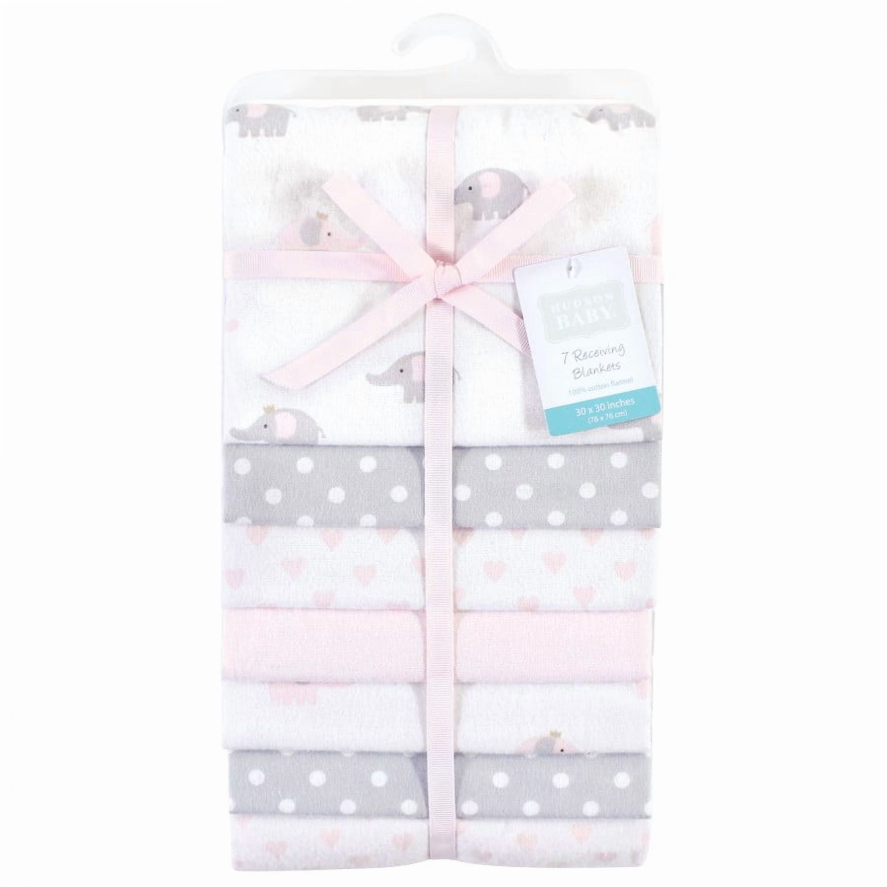 Hudson Baby Infant Girl Cotton Flannel Receiving Blankets Bundle, Pink Gray Elephant, One Size
