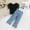 E187-Black, variant on Children's Two Piece Casual Suit, Girl's Sweet Puff Sleeve Crew Neck Shirt Distressed Ripped Jeans Suit, Fashionable Solid Color Top Fringed Jeans Suit