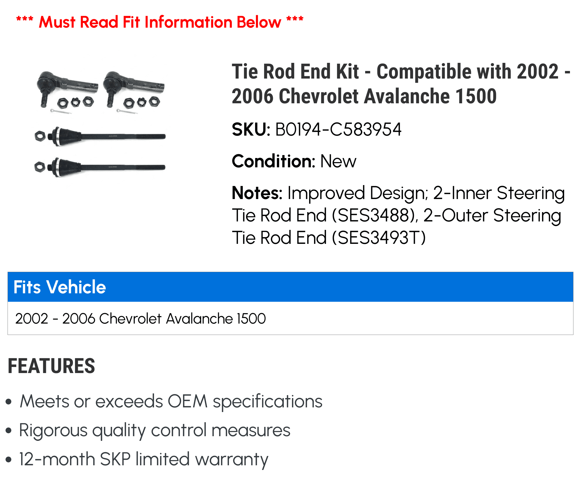 Tie Rod End Kit - Compatible with 2002 - 2006 Chevy Avalanche 1500 2003 2004 2005