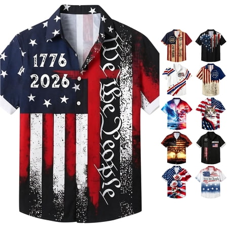 XAOFW Boys 4th Of July Shirts Patriotic Short Sleeve Lapel Button Up Shirts Casual Summer Red White Blue Printed Shirt For 250th Anniversary Comfortable Tops 5-6 Years