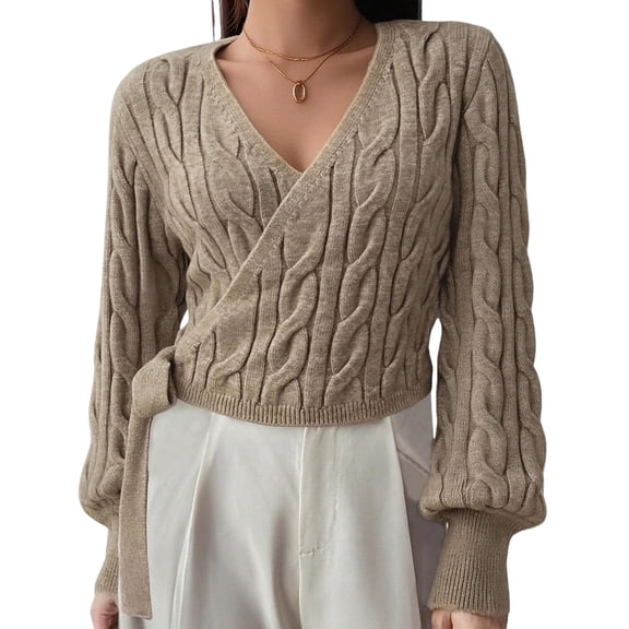 Women'S Casual V Neck Wrap Sweater Pullover Long Sleeve Slim Fit Knit Crop Top Sweater Color S