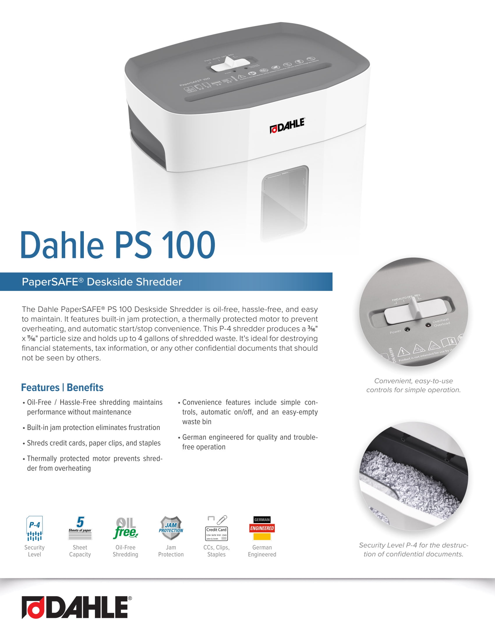 Dahle PaperSAFE PS 100 Paper Shredder, Oil Free/Hassle Free, Jam Protection, 5 Sheet Max, Level P-4