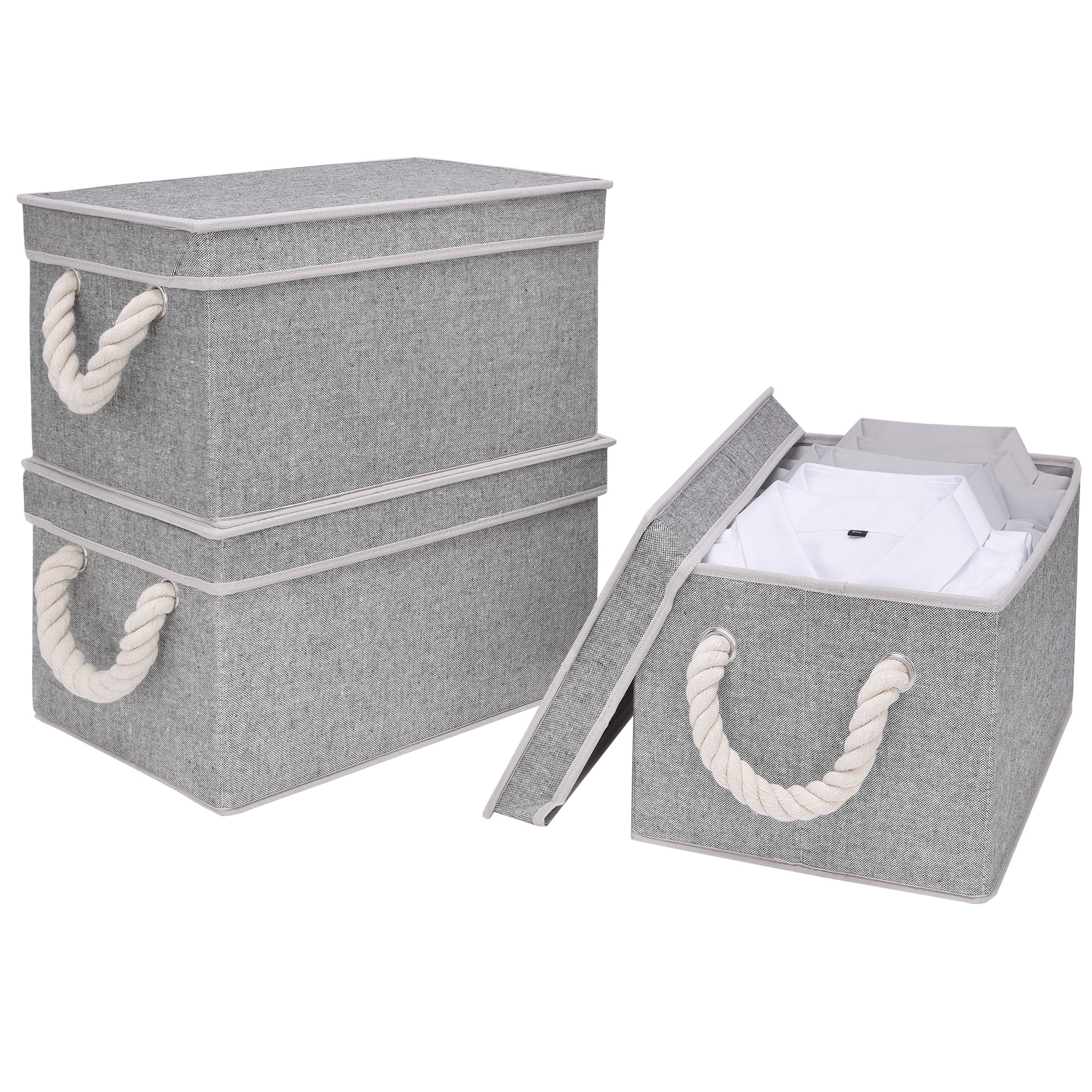 Storage Bins with Lid and Cotton Rope Handles, Foldable Fabric Storage