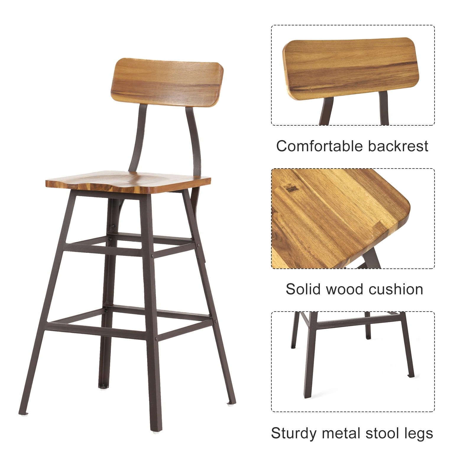 Kadyn Natural Stained Laminated Acacia Bar Chair Set of 2, Wooden Side Chair with Metal Stool Legs, Mid-Century Modern Dining Chairs for Dining Room Coffee House Kadyn Natural Stained Laminated Acacia Bar Chair Set of 2, Wooden Side Chair with Metal Stool Legs, Mid-Century Modern Dining Chairs for Dining Room Coffee House