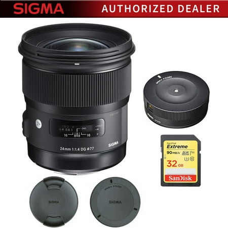 Sigma 24mm f/1.4 DG HSM Wide Angle Lens (Art) for Canon DSLR Camera Mount (401-101) with Sigma USB Dock for Canon Lens & SanDisk 32GB Extreme SD Memory UHS-I Card w/ 90/60MB/s
