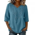 thumbnail image 2 of Womens Tops Cotton Linen Elbow Length Sleeve Tshirts for Women V Neck Pullover Solid Color Summer Fall Tees, 2 of 7