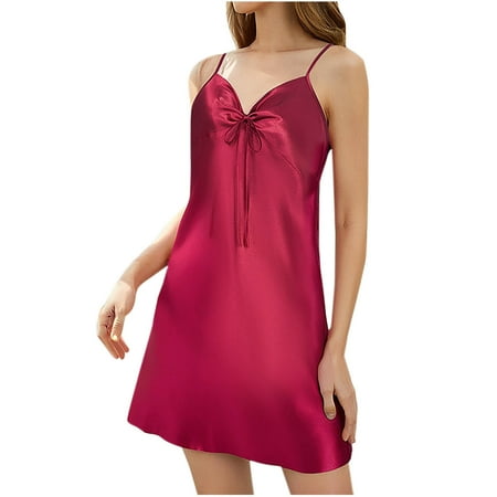 Gnurob Saving Women Satin Nightgown Bow Chemise Babydoll Lingerie Dress Sexy Sleepwear Mini Slip Nightwear Sleeveless Strap Sleepshirt Valentines Day Gift Clearance Wine Medium