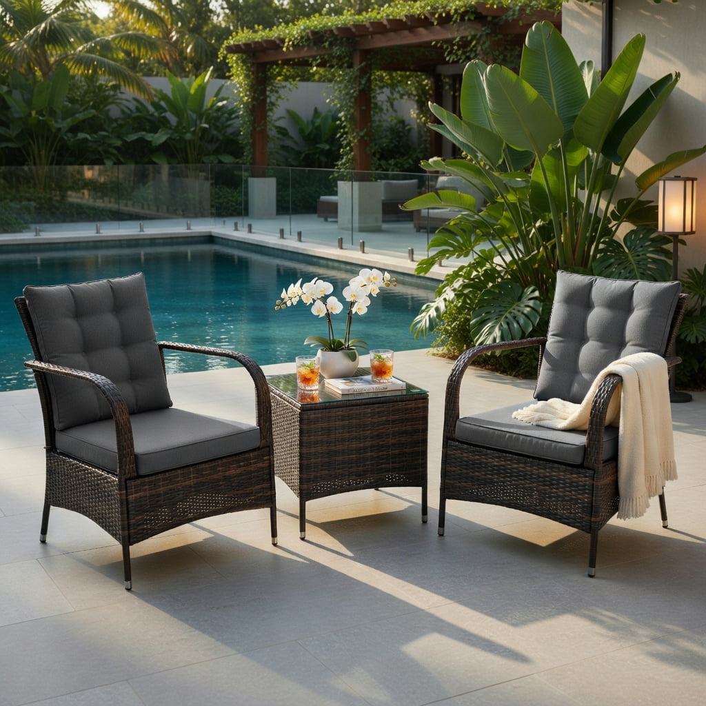 Hommoo 3-Piece Outdoor Rattan Patio Furniture Set with Tempered Glass Coffee Table & Weather-Resistant Cushions, Gray