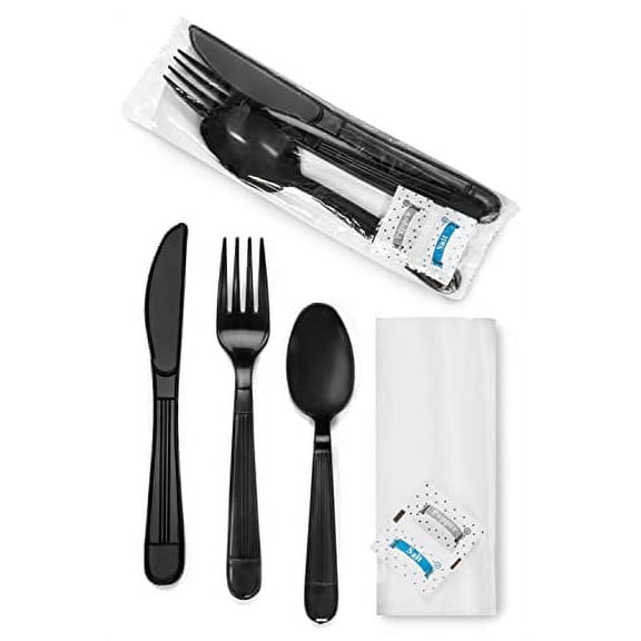 Faithful Supply Plastic Silverware Sets (250 Pre-Packaged) | Heavy Duty Wrapped Plastic Cutlery Set with Napkin for Parties (Black)