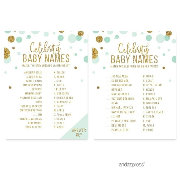 Celebrity Name Game  Mint Green Gold Glitter Baby Shower Games, 20-Pack