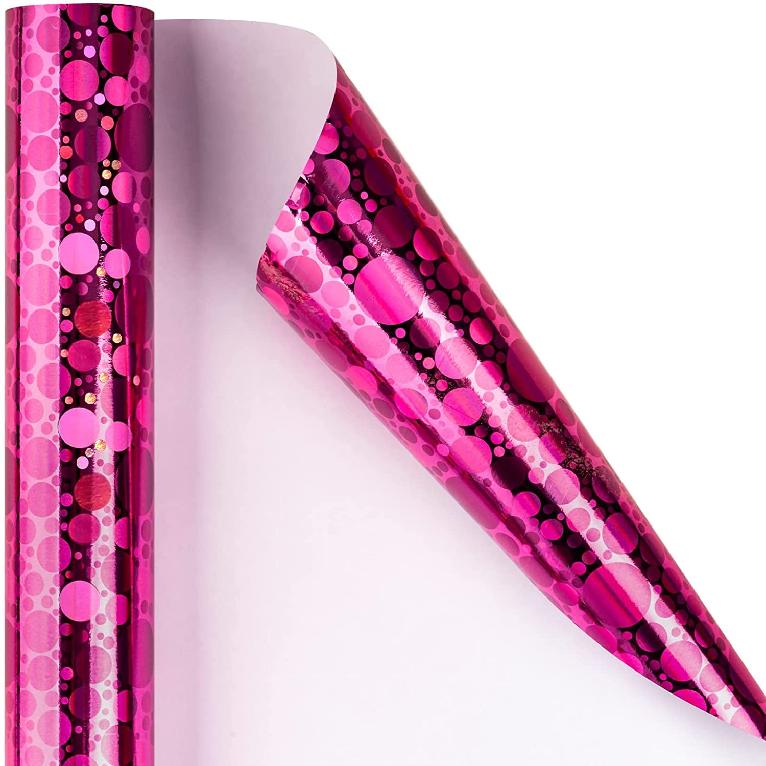 Pink Holographic Wrapping Paper Roll, Shiny Polka Dot Metallic Foil for Birthday, Valentines, Mothers Day, Wedding, Bridal Shower, Graduation, Christmas, Mini Roll 17 in x 32.8 ft