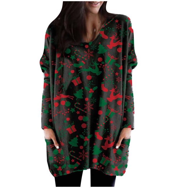Blusa holgada de manga larga con bolsillo y estampado navideño para mujer con cuello redondo y empalme Pompotops gfhjh8616