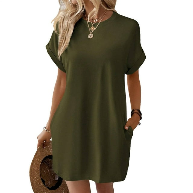Vestido Holgado de Corta con Cuello Redondo y Bolsillos, Color Liso, Verde , Talla XL