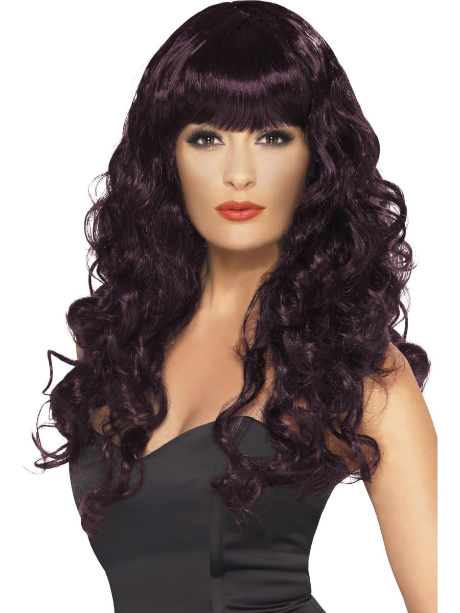 Black Siren Wig Long Curly with Fringe Adult Womens Smiffys Fancy Dress Costume 