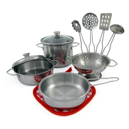 Metal Pots and Pans Kitchen Cookware Playset for Kids with Cooking Utensils