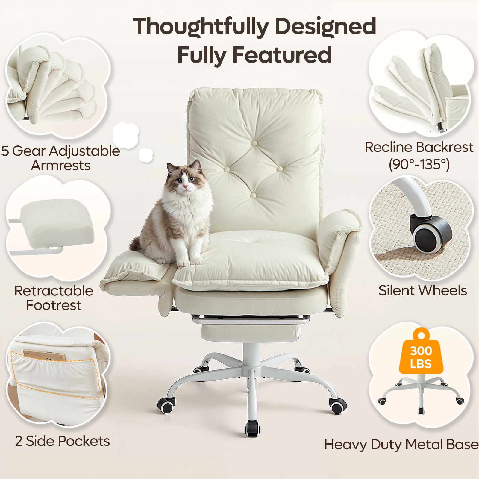 Bestier Big and Tall Executive Office Chair with Flip-up Arms for Adult, Wide Seat Ergonomic Computer Desk Chair,High Back Velvet Comfy Cross-Legged Office Chair with Footrest and Side Pockets, Beige