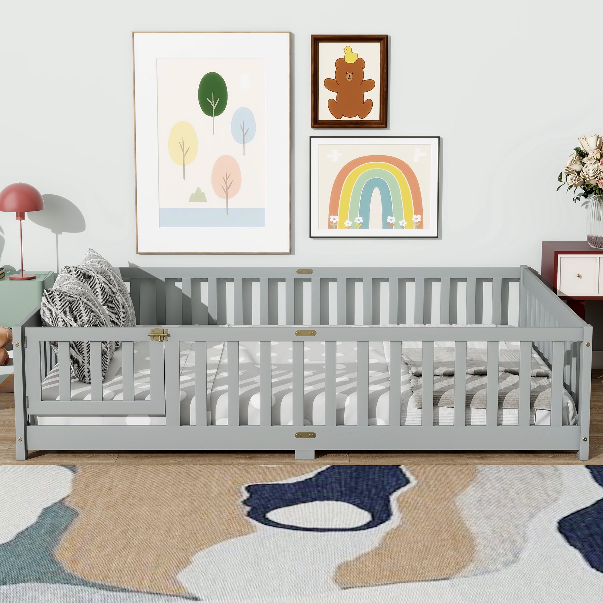 Miniyam Full Size Floor Bed with Guardrails and Door for Kids, Gray