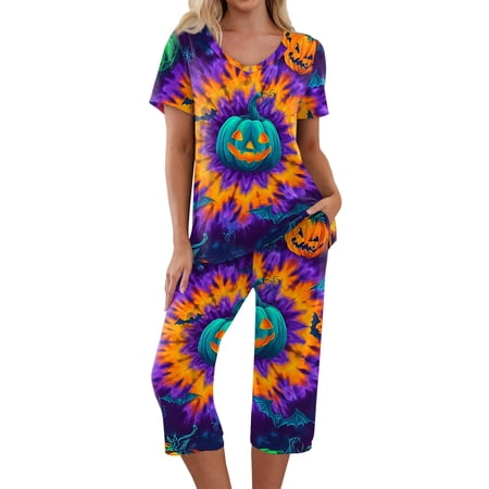 Women s Halloween Pajama Set 2 Piece Set Halloween Pjs Short Sleeve Top and 7/8 Pants Casual Outfit for Parties Purple M