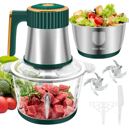 Food Processor, Meat Grinder with 2 Bowls (8 Cup 8 Cup), 5 Speed Modes Electric Food Chopper with 2 Sets Stainless Steel Blades, Kitchen Mincer for Meats Vegetables Fruits Baby Food, 300W (Green)