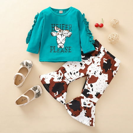 

Leutsin Toddler Baby Girls Ruffle Letter Print Tops Cow Print Bell-bottoms Pants Sets
