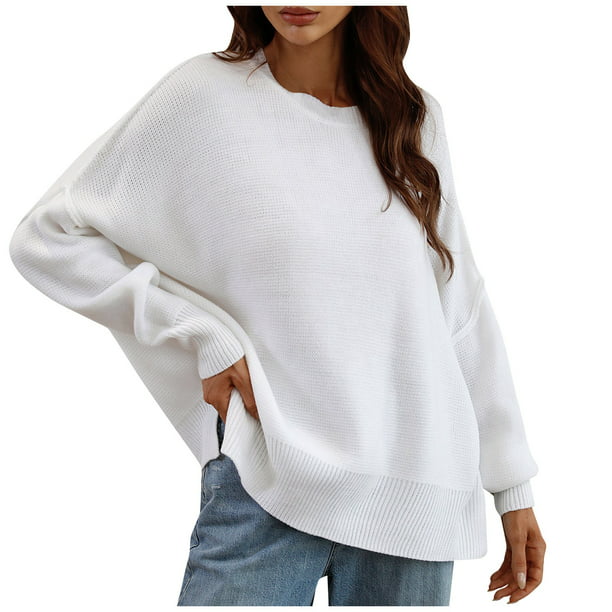 Women's Fall Clothes, Crew Sweater Women Ropa De Invierno Para Mujer Olive Green Sweater Cotton Women's Autumn And Solid Round Neck Long Sleeve Knit Sweater (XL, White) TBKOMH -