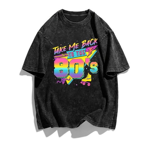 plus size womens retro washed short sleeve t shirt with back to the 80s pattern