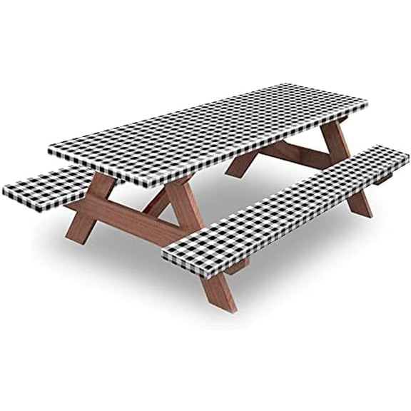 6ft Picnic Table and Bench Cover, Camping Essentials RV Gear, 72in Waterproof Windproof Outdoor Elastic All Around Tablecloth, Fitted Rectangle Tables and Seats, Black-White Checkered