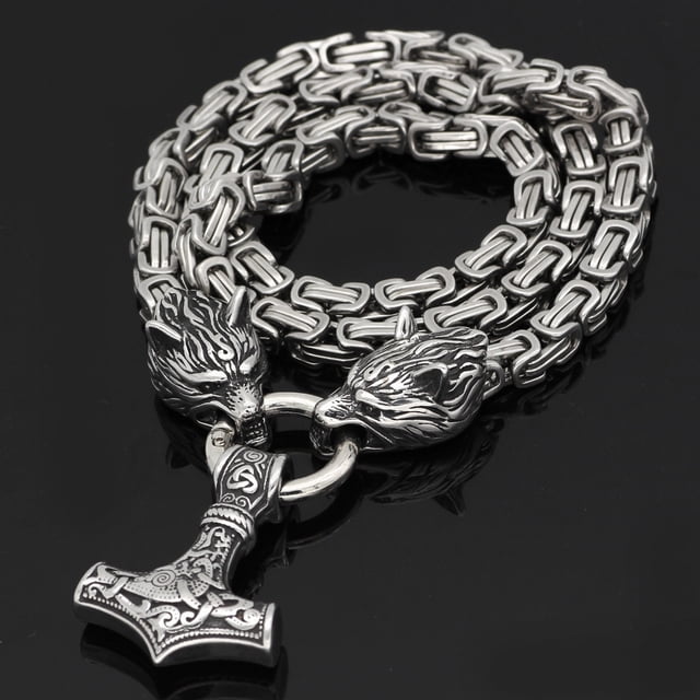 Collar con colgante de cabeza de lobo vikingo de acero inoxidable para hombre - Cadena de dragón