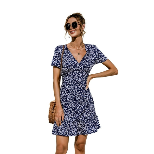 Nouvelle Robe à Fleurs Imprimée pour Femmes, Couleur à Pois, Col en V Sexy, Patchwork, Volants, Style Plage, Bureau, Mini Vestido