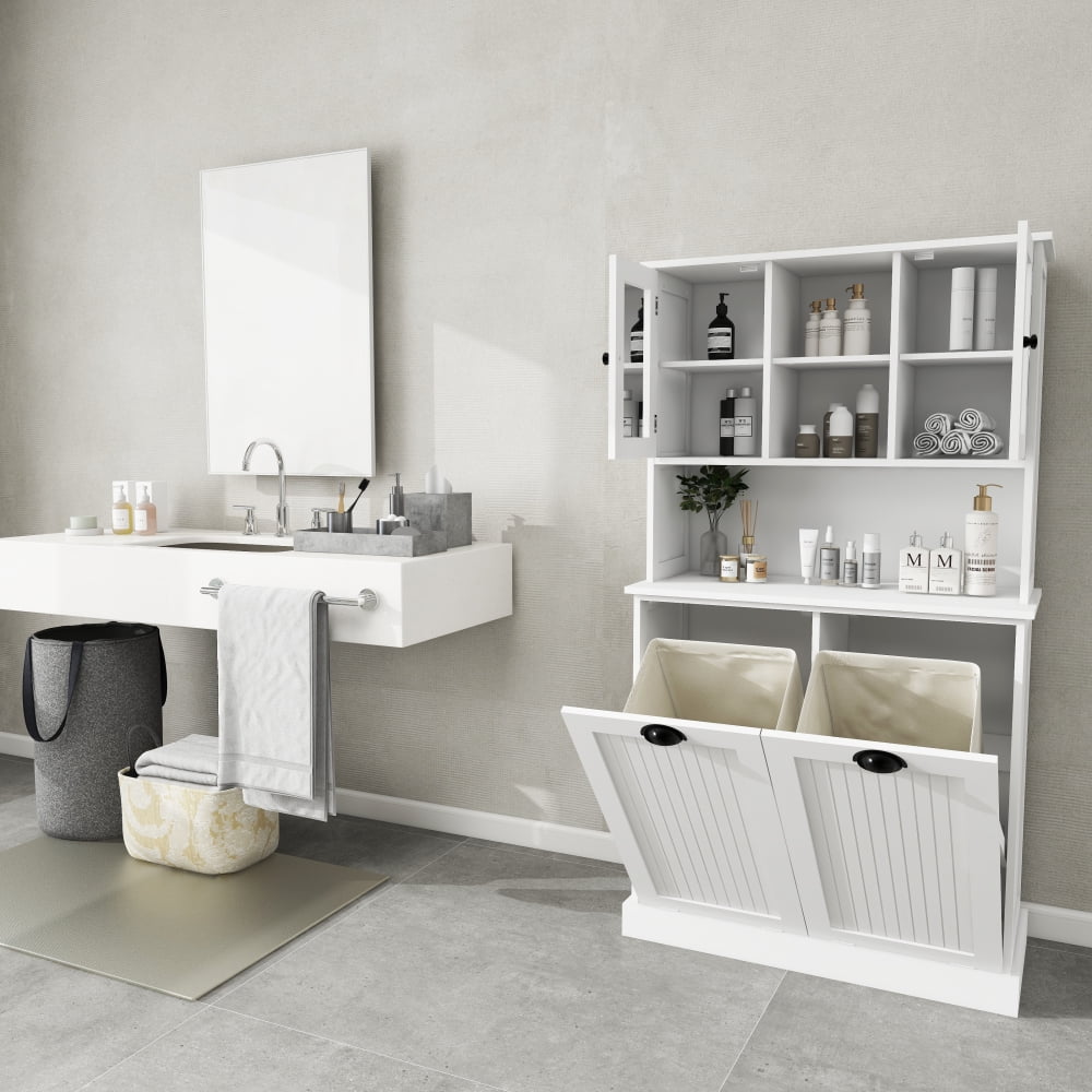 Holaki 59.69" Two-Compartment Tilt-Out Dirty Laundry Basket Tall Bathroom Cabinet with 2 Adjustable Shelves,Tall Pantry Cabinet Cupboard,White/Black