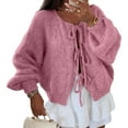 thumbnail image 2 of Women'S Lace-Up Cardigan Sweater Chunky Knit Long Puff Sleeve Fashion Autumn and Winter Jacket Coat Pink S, 2 of 6