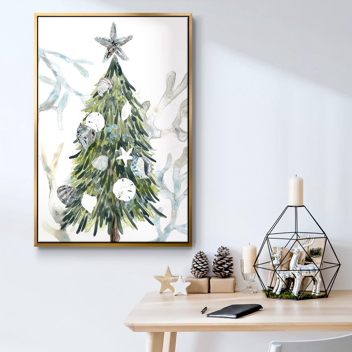 Coastal Christmas Shell Collection B - Framed Gallery Wrapped Holiday Canvas - 27 x 41 - Gold Frame