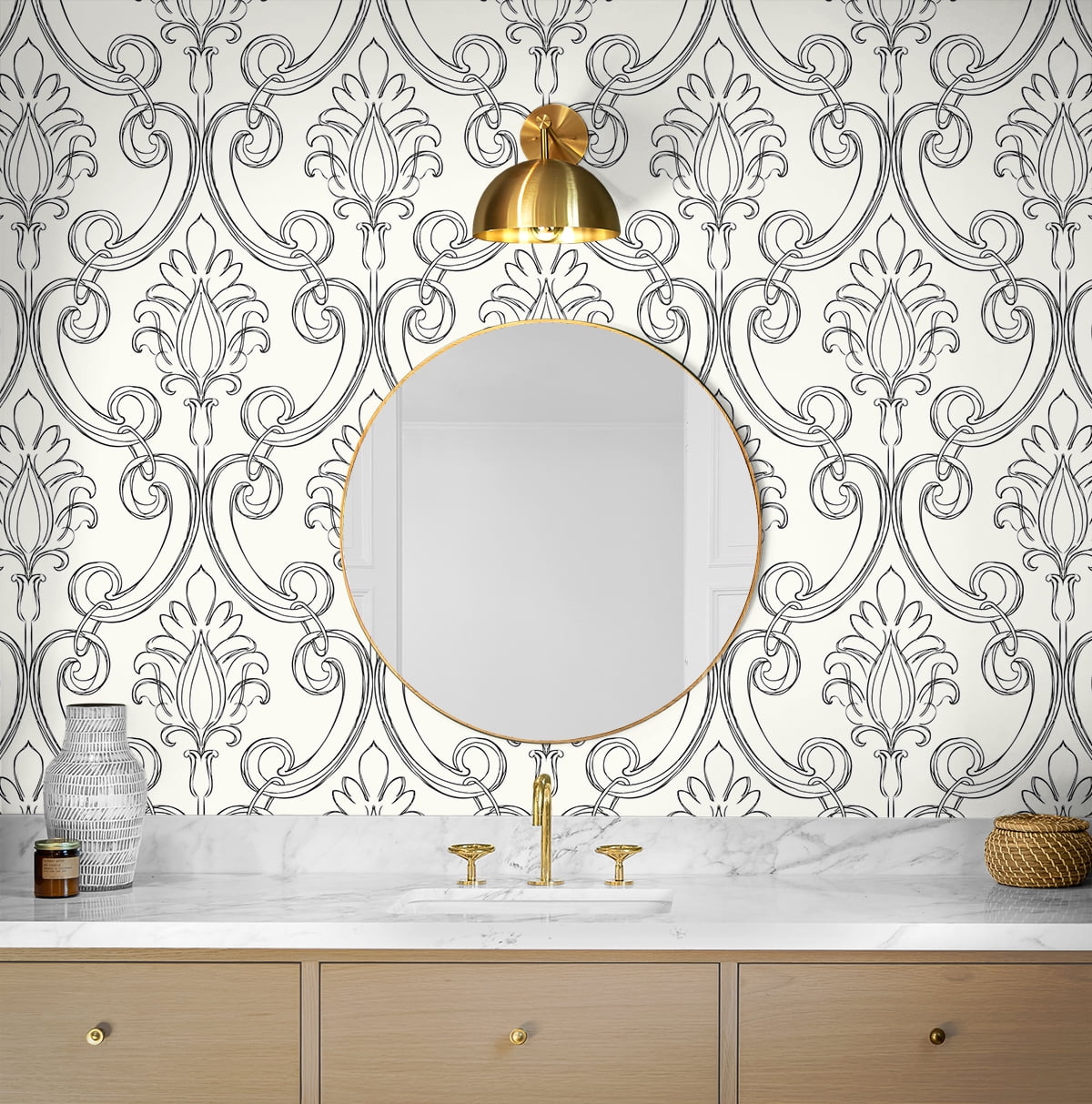 NextWall Ebony Sketched Damask Peel and Stick Wallpaper