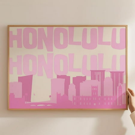 Pink Honolulu Art Print Hawaii Skyline Poster Oahu Wall Art Preppy Dorm Decor Coastal Decor UNFRAMED PAPER POSTER, Home Decor, Vintage Gift, Living Room Dercor