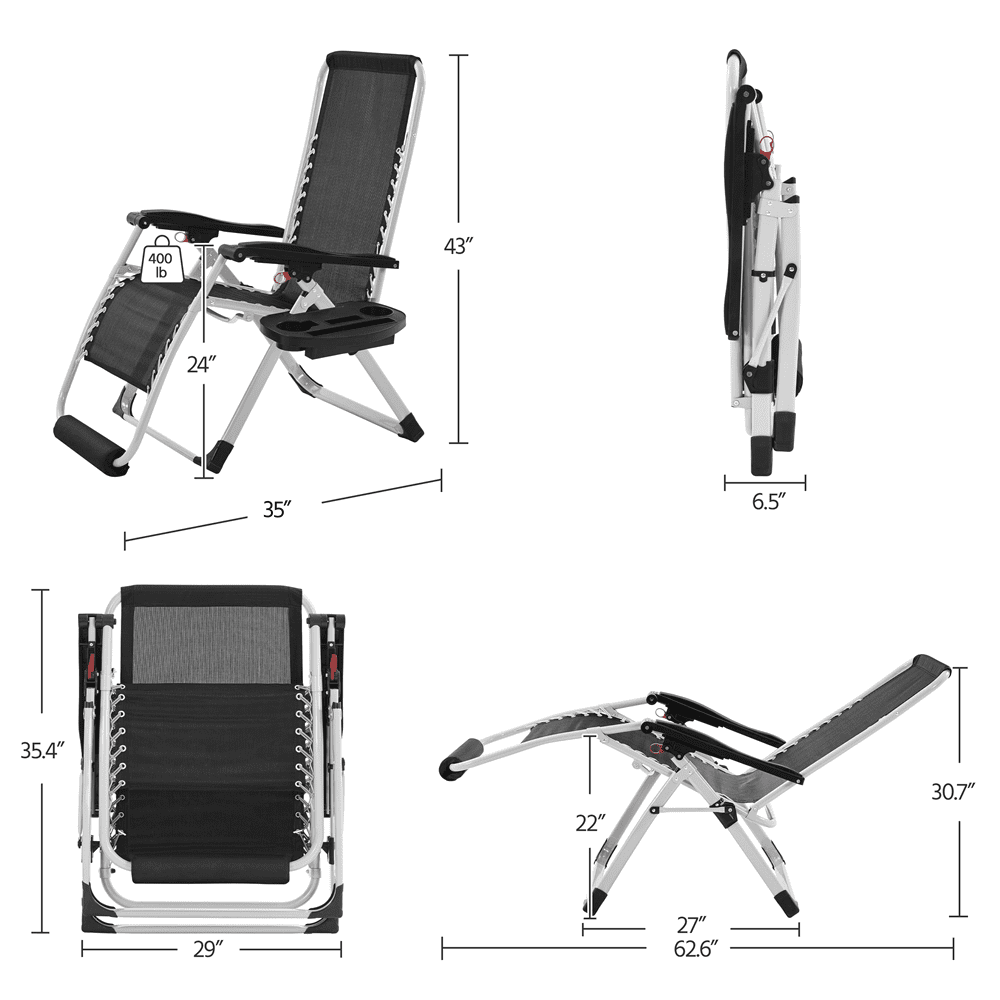 Alden Design 29in Foldable Zero Gravity Recliner with Padded Cushion for Garden, Gray
