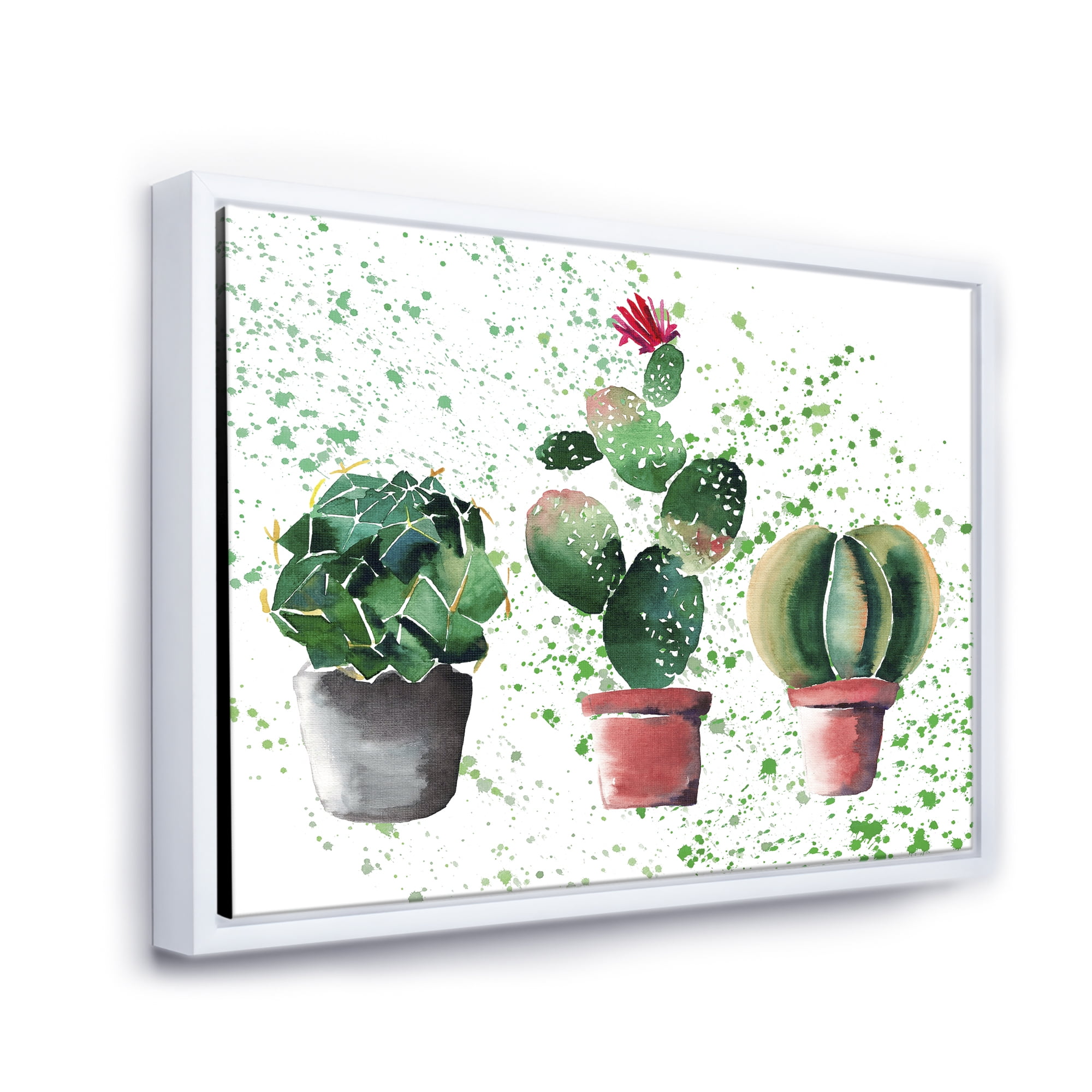 Designart 'Three Cacti In Clay Pots With Green Dots' Traditional Framed Canvas Wall Art Print