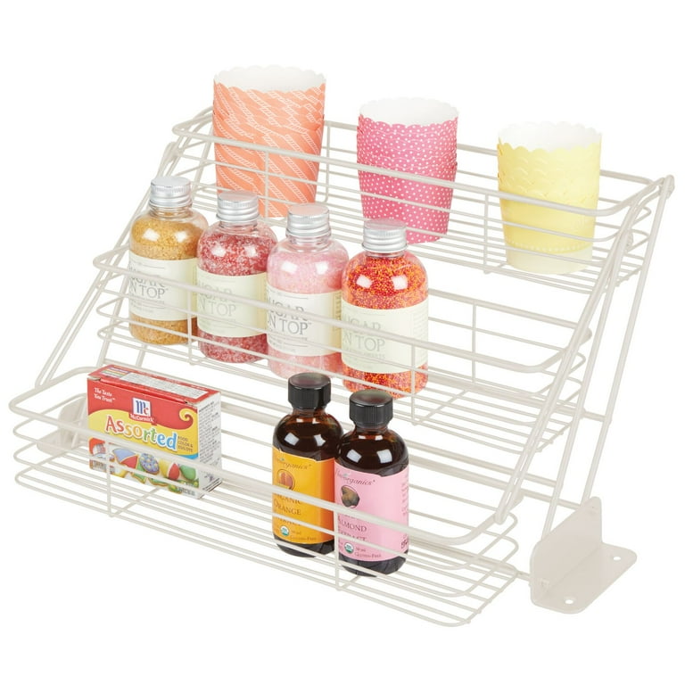 mDesign Large Metal 3 Tier Pull Down Spice Rack Storage Shelf Organizer Cream