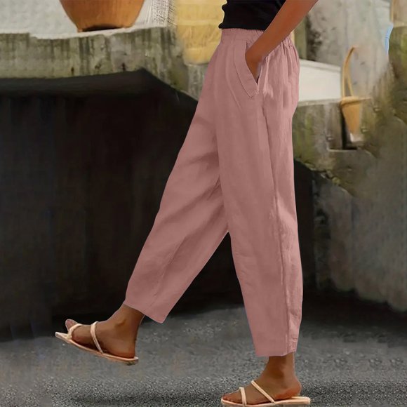 LOVZFMLL Women's Pants, Elastic Waist Summer Solid Casual Pocket Outing Full Length Pants Pink, 2XL