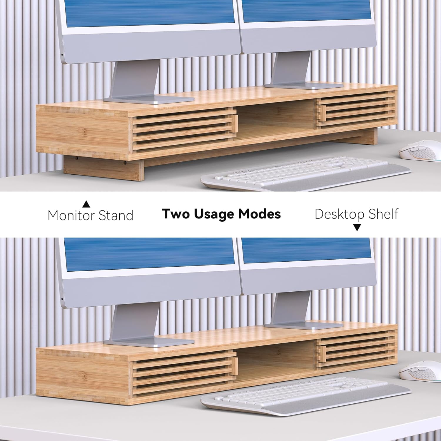 Dual Monitor Stand Riser with Sliding Door, Double Computer Laptop Desk Shelf Organizer Storage Natural  38 Inch
