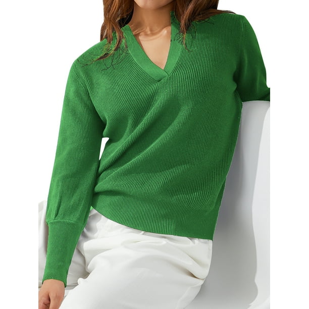 VISgogo Jersey de punto de otoño invierno para mujer Color sólido Manga larga Solapa Corte en V Suéter VISgogo moda
