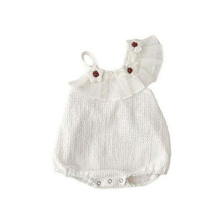 

Baby Girl Summer Romper Cute Sleeveless Crochet Flower Pleated Ruffle Strap Romper