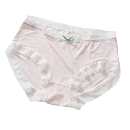 Kmdttou Womens Underwear Ice Silk Nude Cotton Crotch Sexy Large Size Facial Mask Thin Summer Mid Waist Seamless Bow Lace Underpants (Regular & Plus Size)