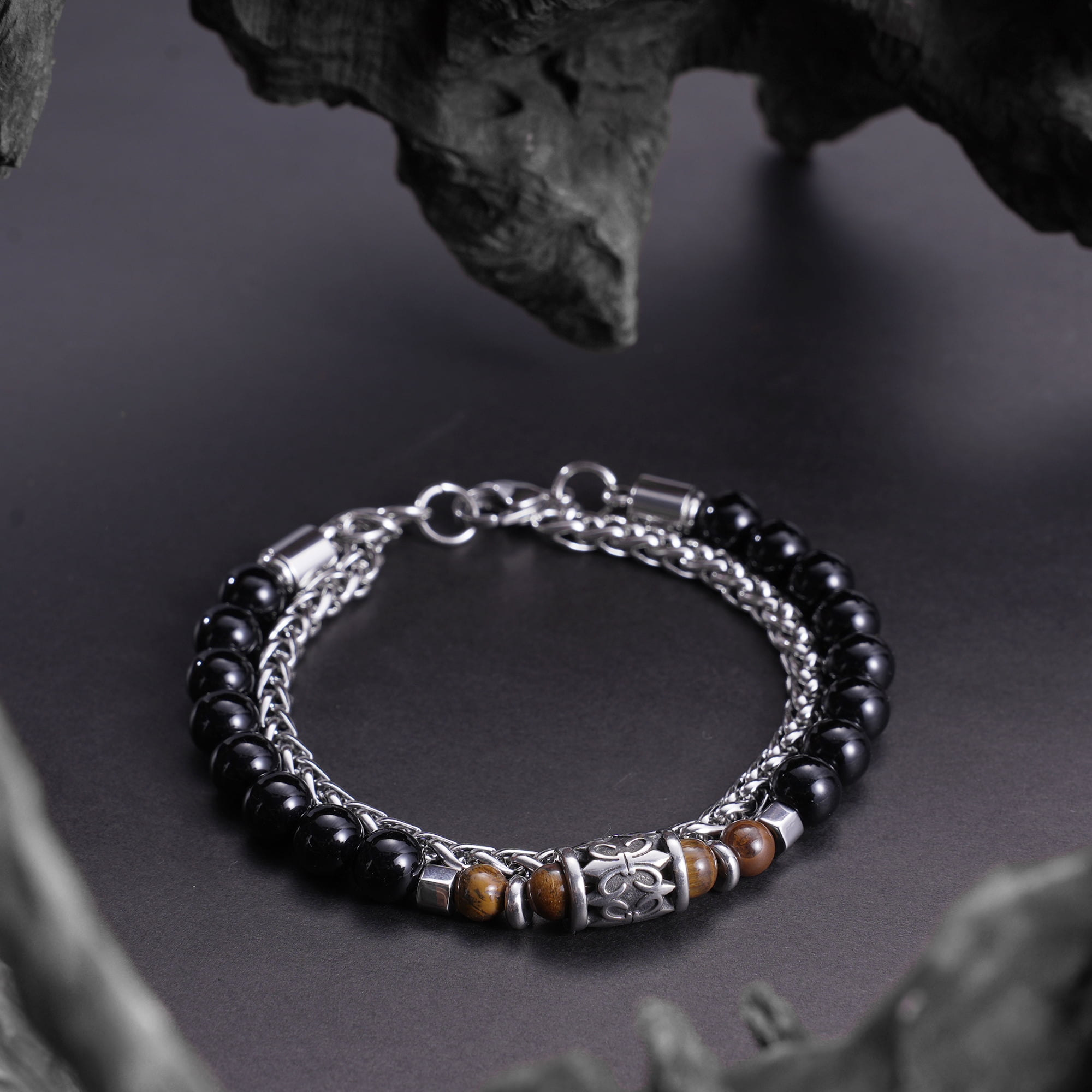 Iron Saints Men Tiger Eye Bead Bracelets, Stainless Steel, Healing Stone Men Bracelet Natural Gems