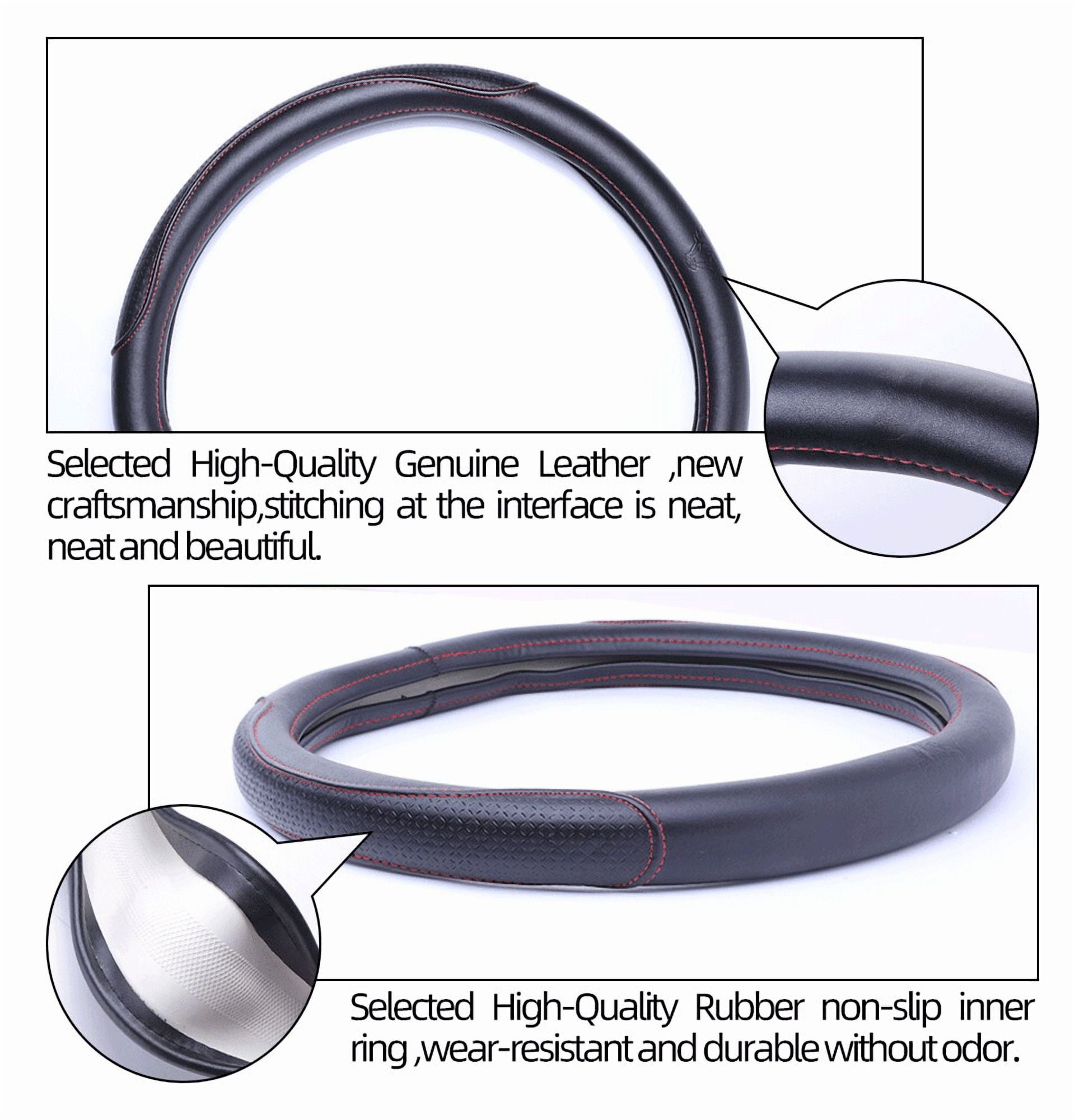 Genuine Leather Steering Wheel Cover, 14.5 - 15 Inches Universal Fit for Truck Sedans SUVs Black with Red stitching