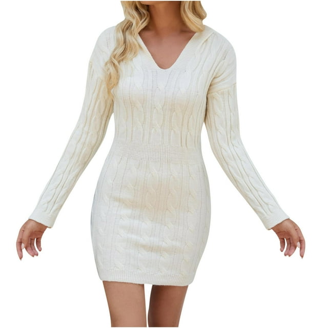 MeetoTime Robe Chandail Femme Automne 2024 Manches Longues Col en V Tricot Torsadé Justaucorps en Laine Chandail Jumper