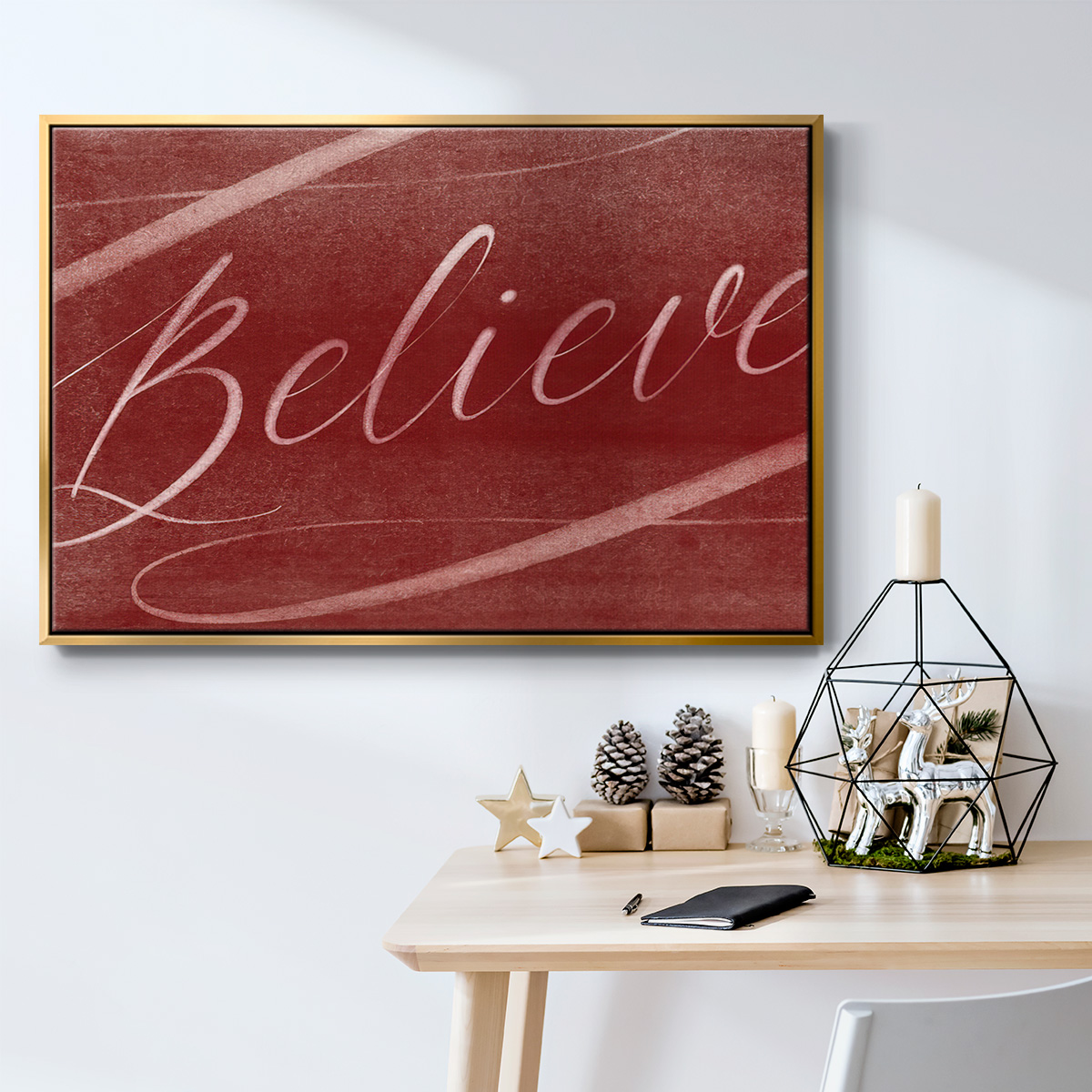 Believe - Framed Gallery Wrapped Holiday Canvas - 25 x 37 - Gold Frame