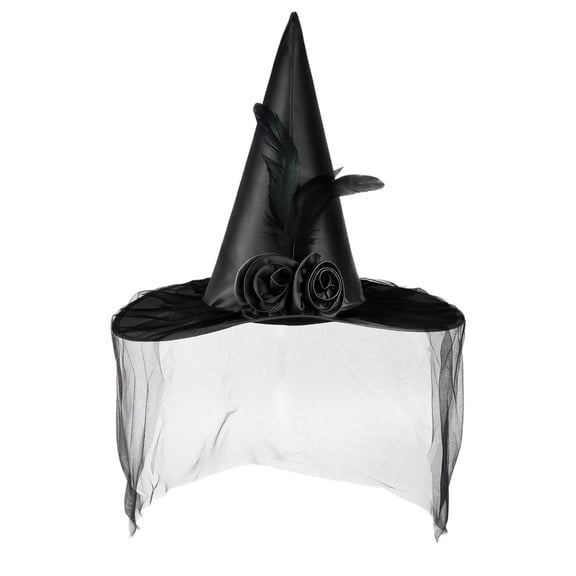 IYYVV Women'S Soft Lace Mesh Rose Flower And Feather Hat With Vintage Side Veil Hat, Witch Costume Accessory For Halloween Party Black
