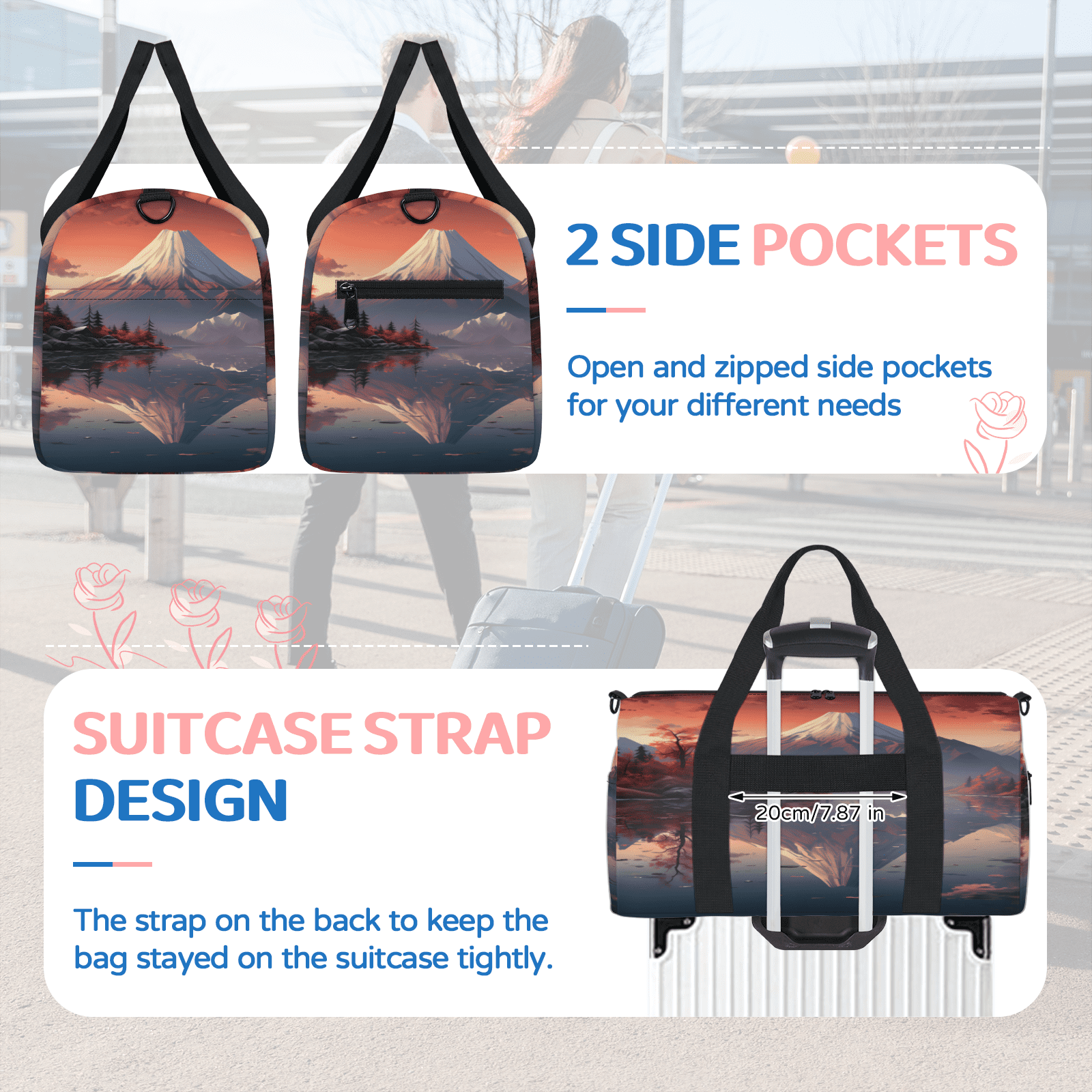Herdesigns Japanese Art Gym Bag for Women, Duffle Bag for Travel Sport, Japanese Theme Lightweight Waterproof Carry on Weekender Dance Yoga Workout Bags