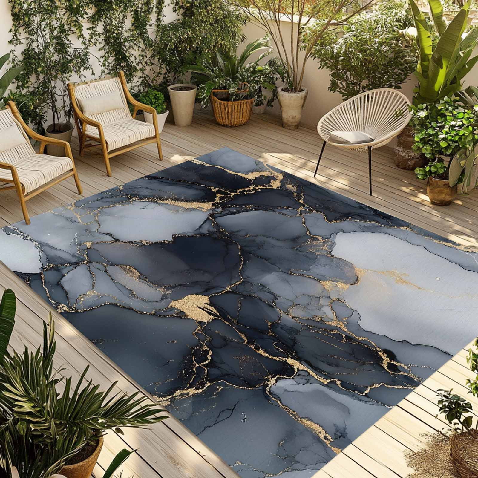 Outdoor Rug 5x8ft Ombre Black Gray Marble Texture Large Area Rug Modern Art Indoor Outdoor Carpet Outdoor Rugs Mats for Patio Camping,RV,Front Door, Outside Decor