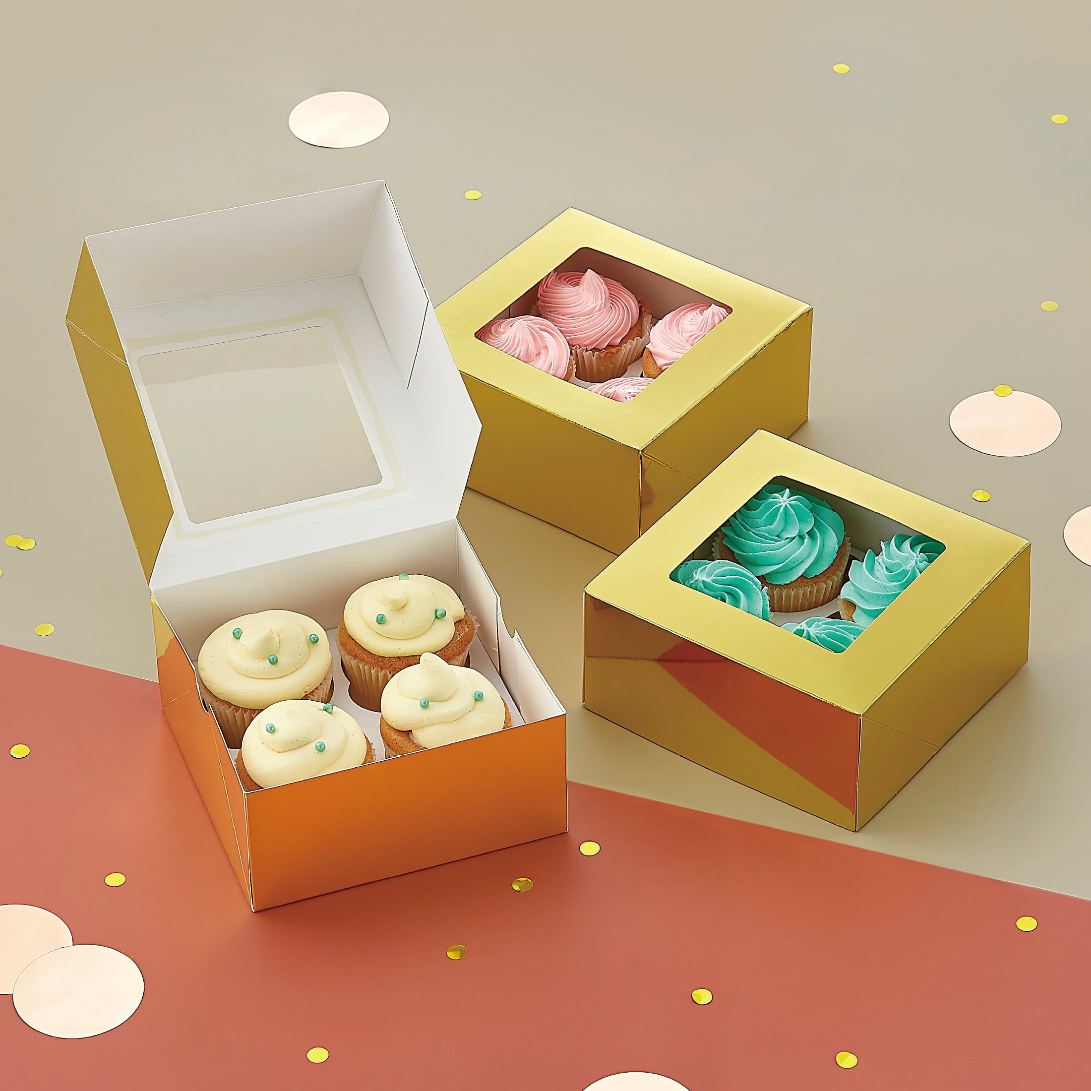 (2 pack) Way to Celebrate! 4 Cavity Gold Treat Boxes with Window, 3-Count